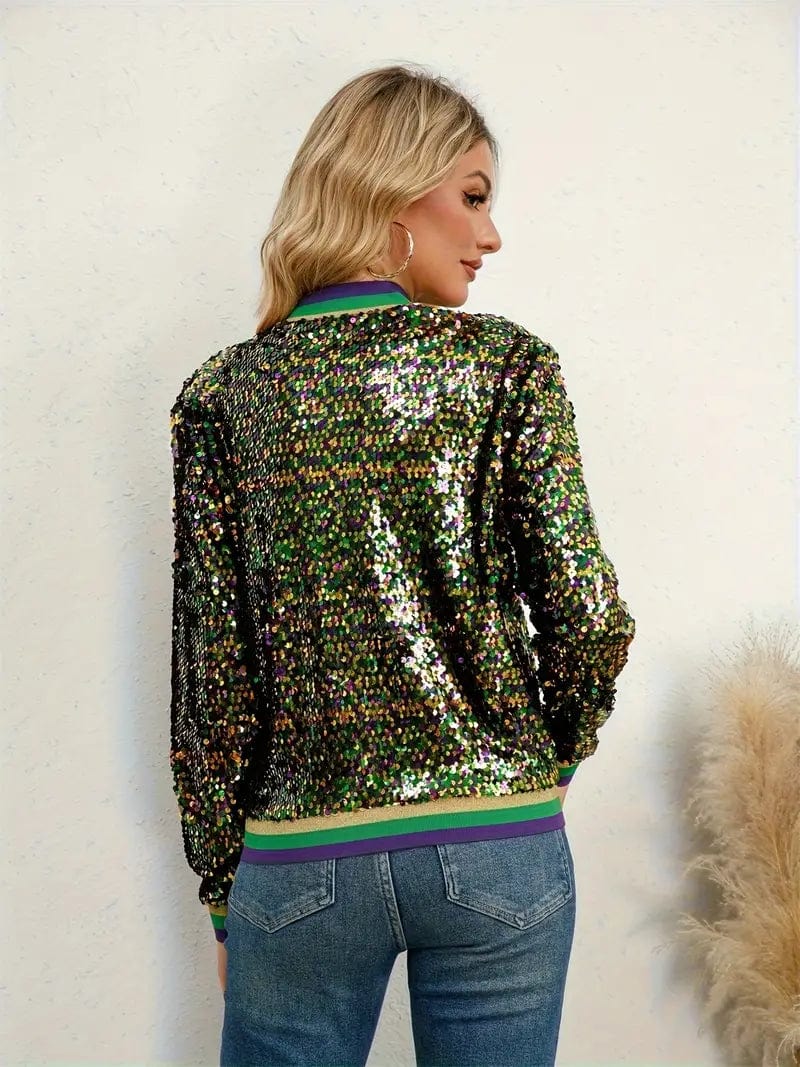 Sequin Bomber Jacket with Zipper Closure and Long Sleeves, Stylish Women's Outerwear