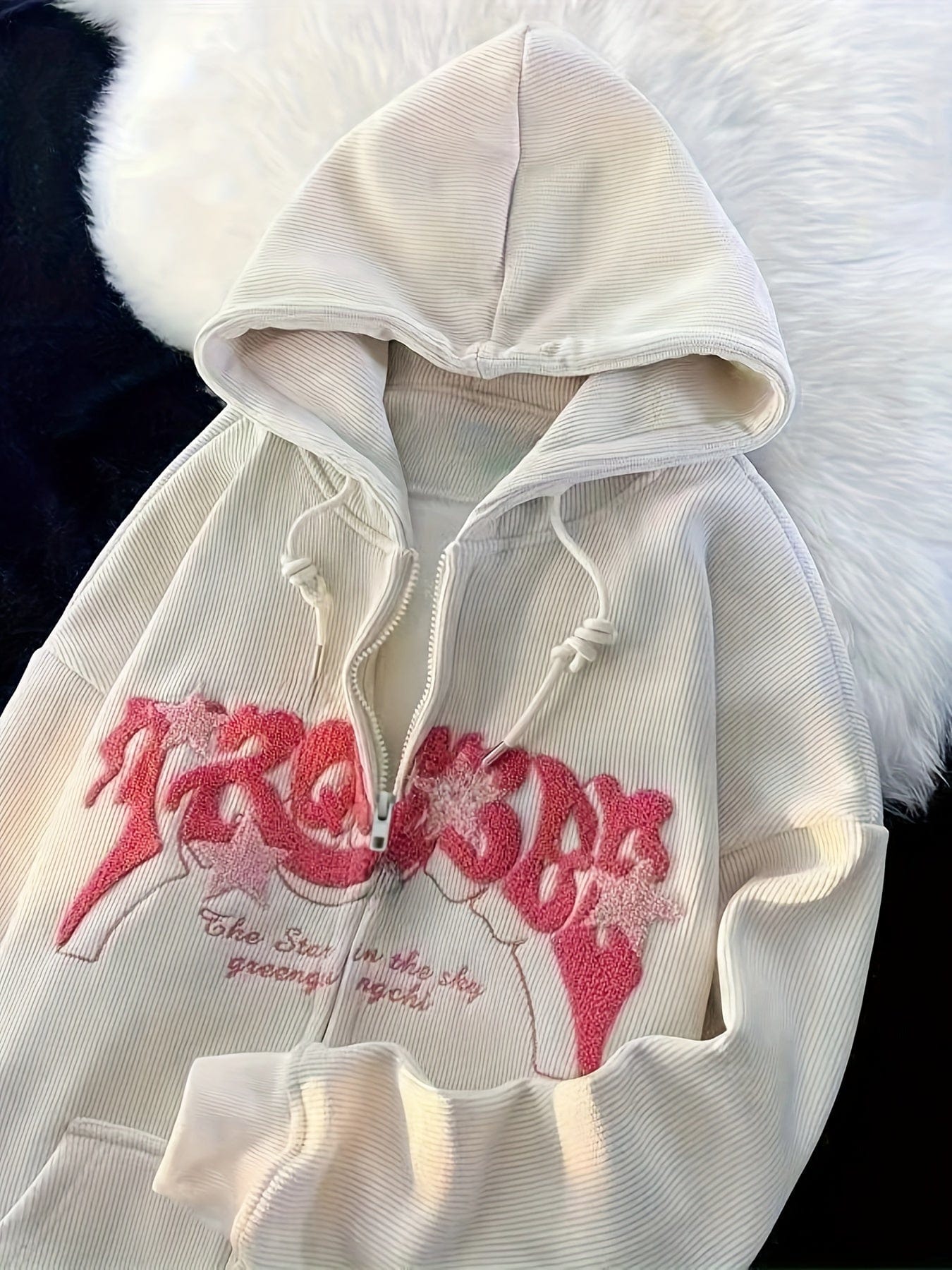 Stylish Zip Up Drawstring Letter Print Slant Pockets Hoodie
