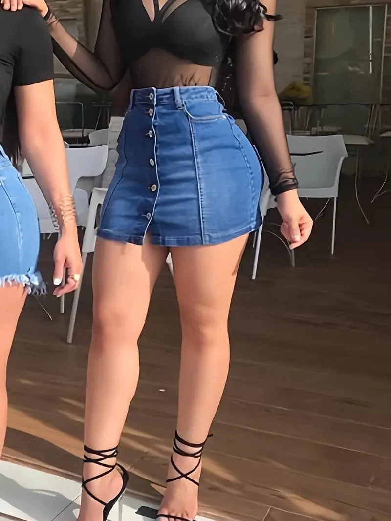 Stretchy Denim Skirt with Slash Pockets and High Waist