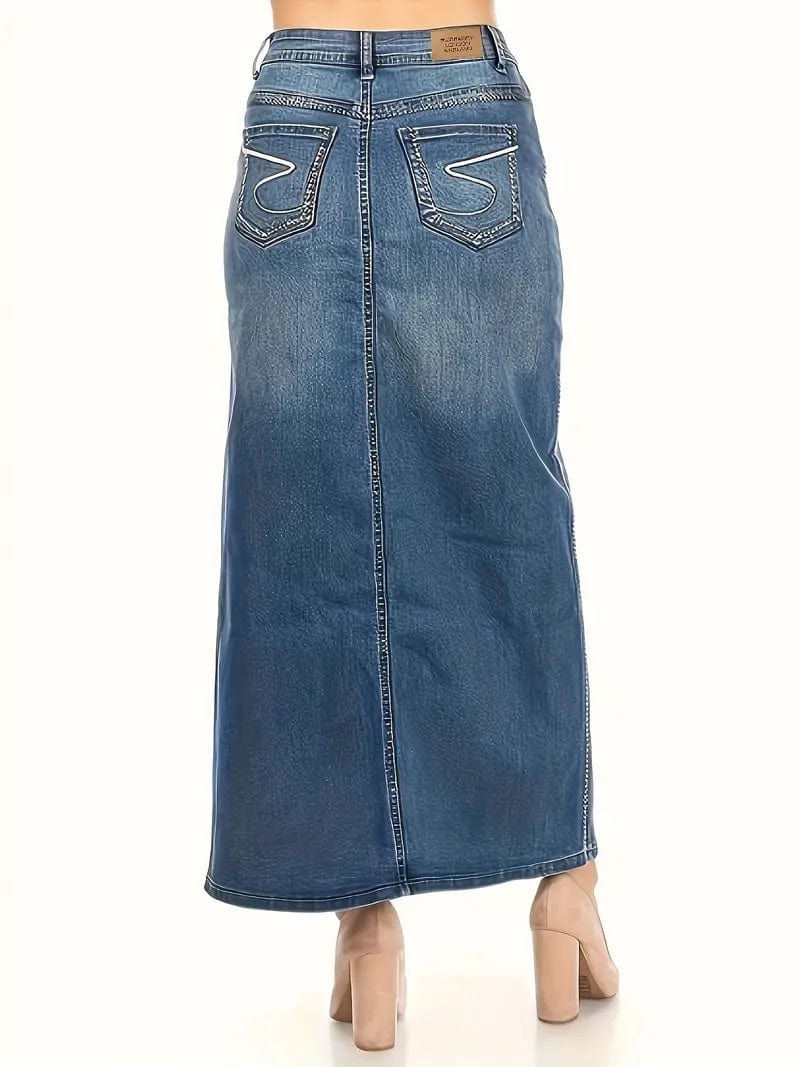 High Waist Blue Denim Midi Skirt with Slant Pockets for Women