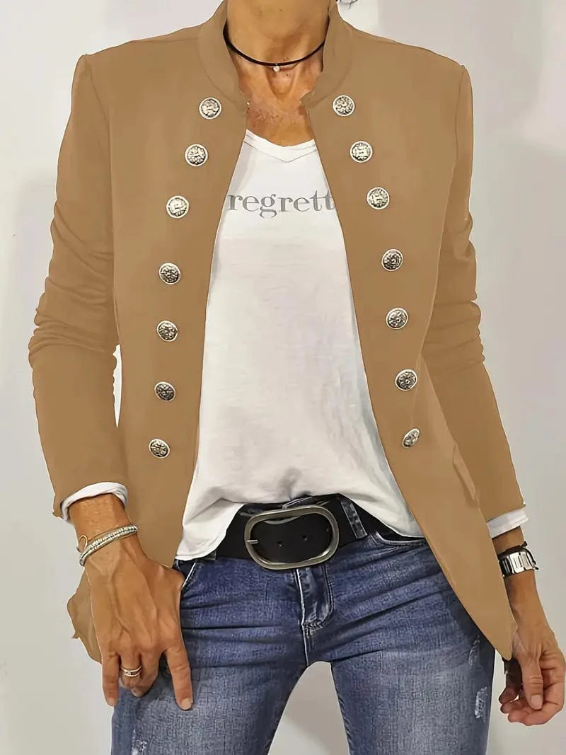 Solid Open Front Blazer with Button Detail - Women's Stylish Work Outerwear