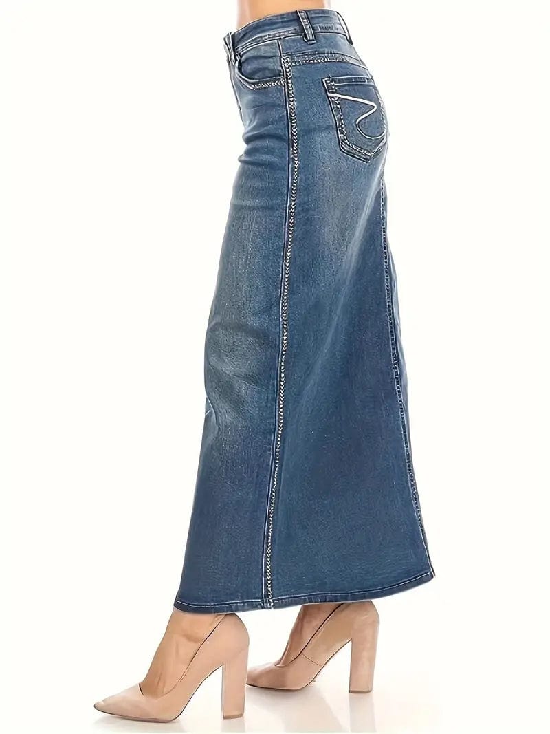 High Waist Blue Denim Midi Skirt with Slant Pockets for Women