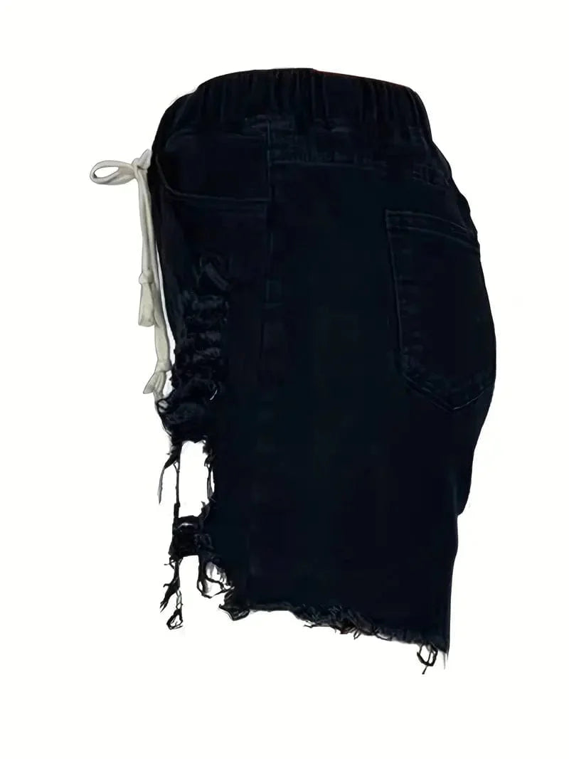 Stretchy Elastic Waist Denim Shorts with Ripped Distressed Details for Women