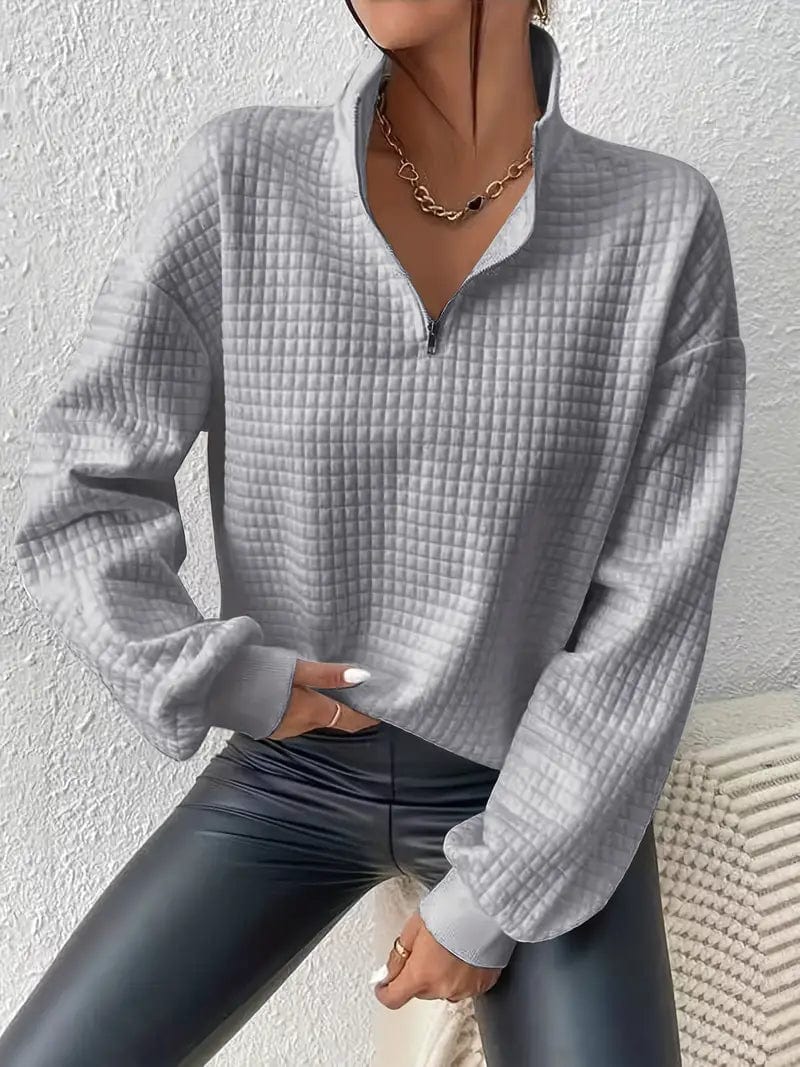 Waffle Grid Quarter Zip Pullover - Stylish Women's Fall & Winter Sweatshirt