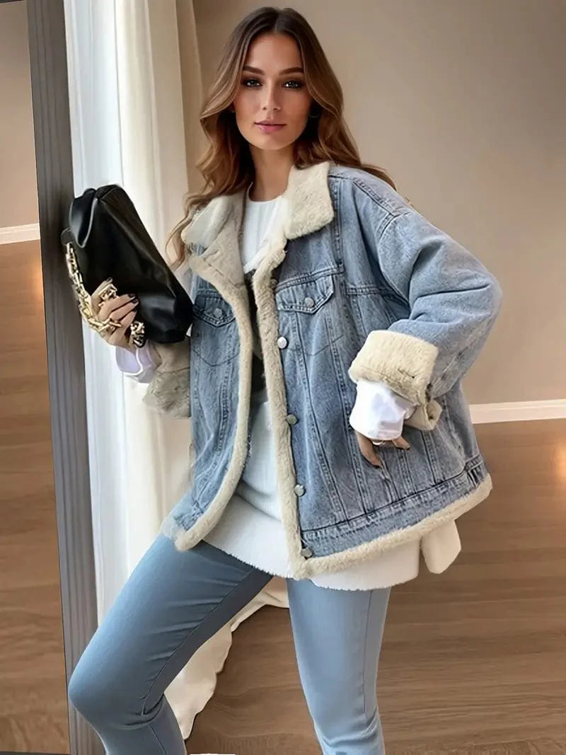 Reversible Women's Winter Denim Coat with Fleece Lining and Loose Fit Flap Pockets