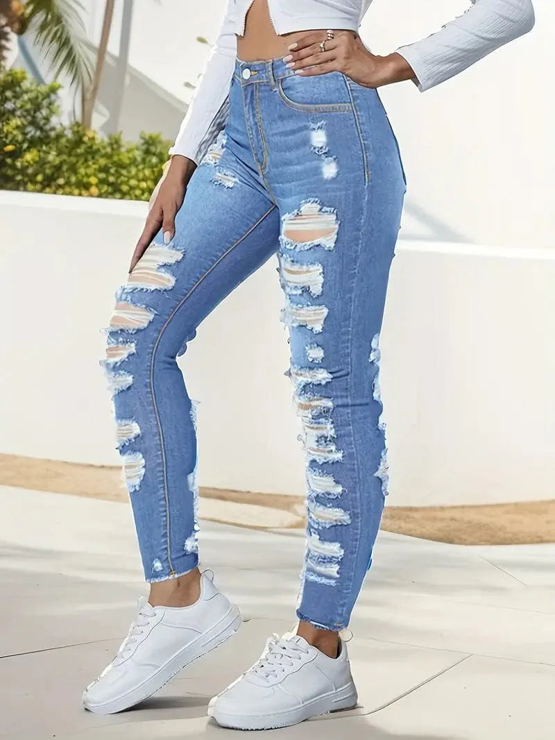 Frayed Ripped Distressed Slim Fit Jeans, Raw Edge Stretchy Casual Pencil Denim Pants – Women's Denim Apparel