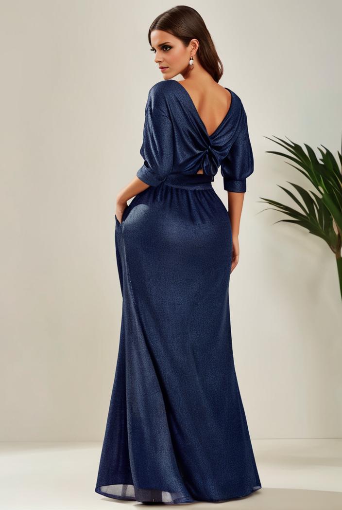 3 4 sleeve bodycon plunging back sequin evening dress 110459