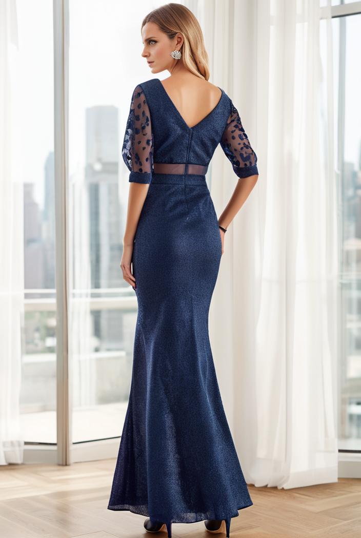 3 4 sleeve bodycon plunging back sequin evening dress 110467