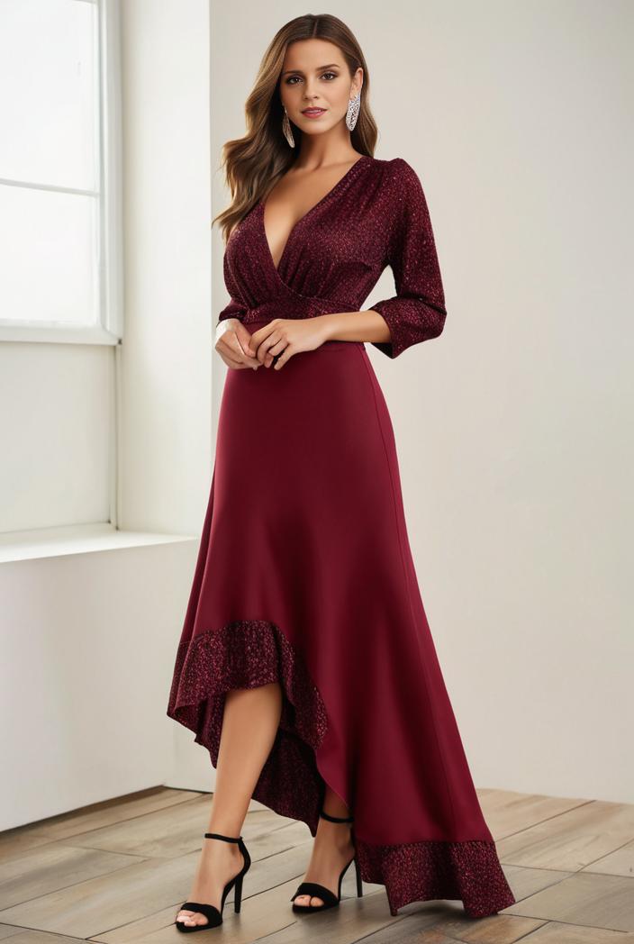 3 4 sleeve sheer sequin stripe high low hem evening dress 110485