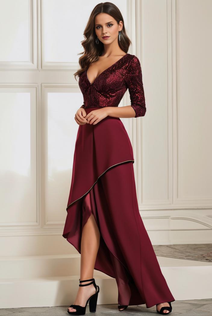 3 4 sleeve sheer sequin stripe high low hem evening dress 110491