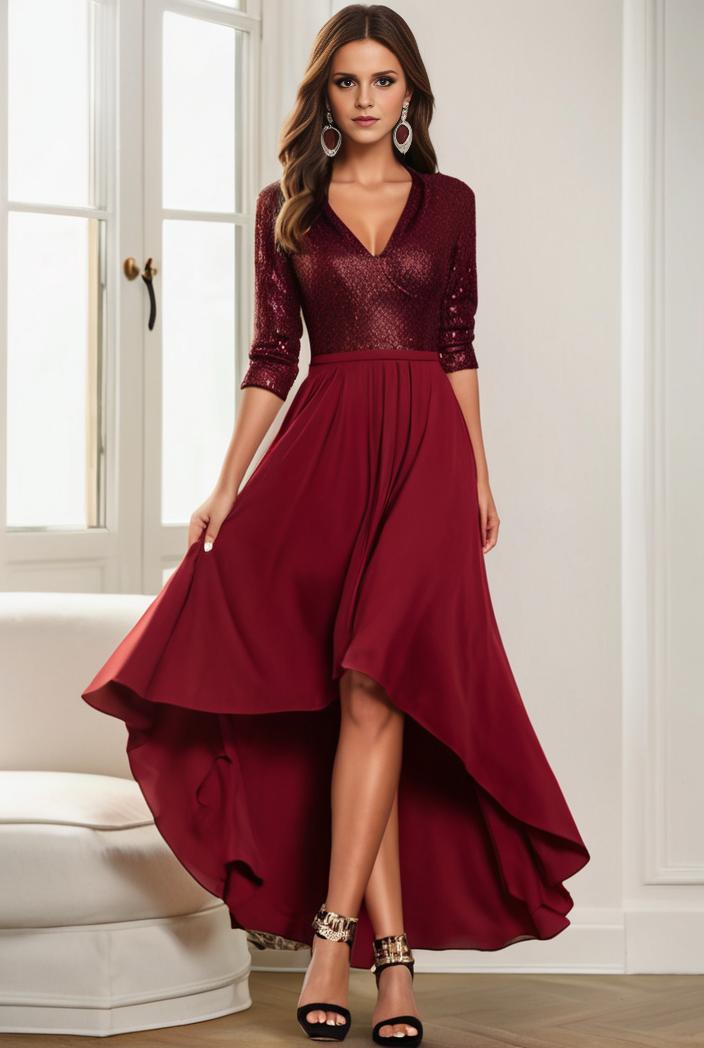 3 4 sleeve sheer sequin stripe high low hem evening dress 110501