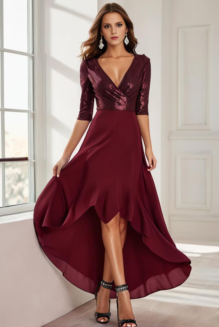 3 4 sleeve sheer sequin stripe high low hem evening dress 110505