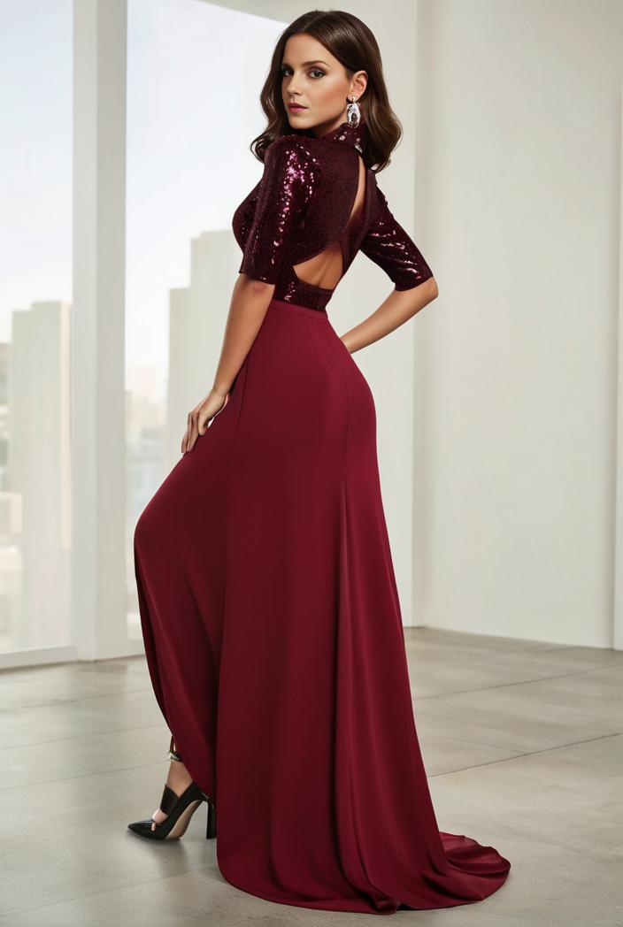 3 4 sleeve sheer sequin stripe high low hem evening dress 110529