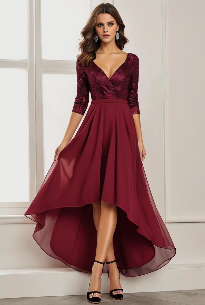 3 4 sleeve sheer sequin stripe high low hem evening dress 110544