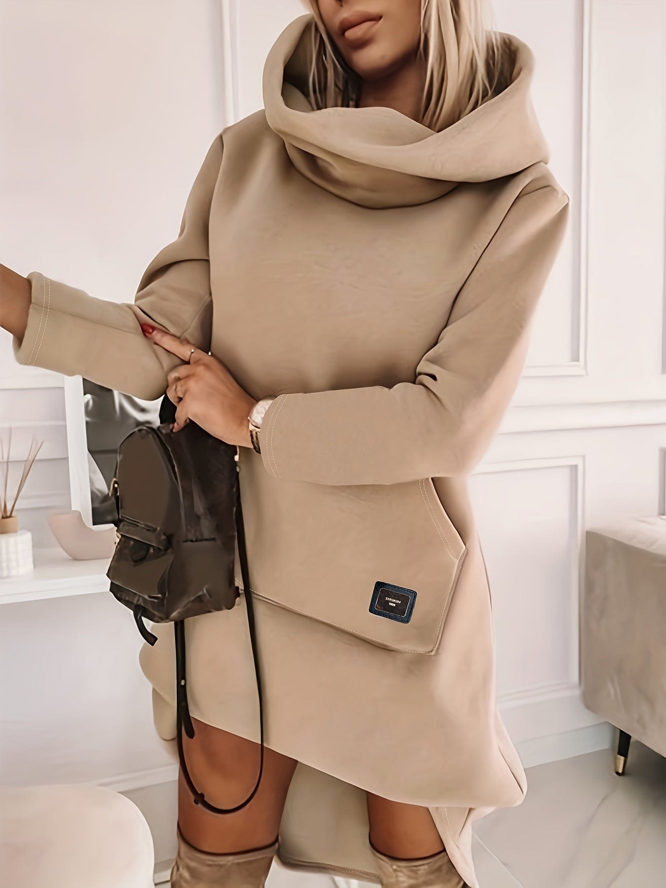 Solid Stylish Kangaroo Pocket Hooded Sweatshirt Midi Dress