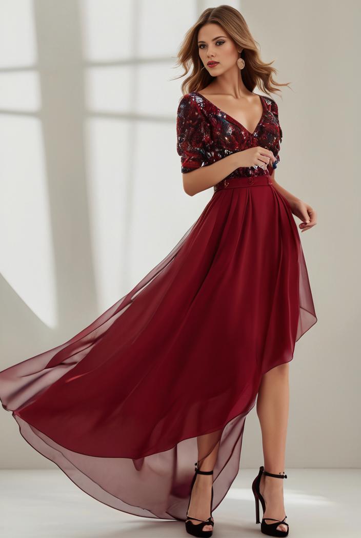 3 4 sleeve sheer sequin stripe high low hem evening dress 124807