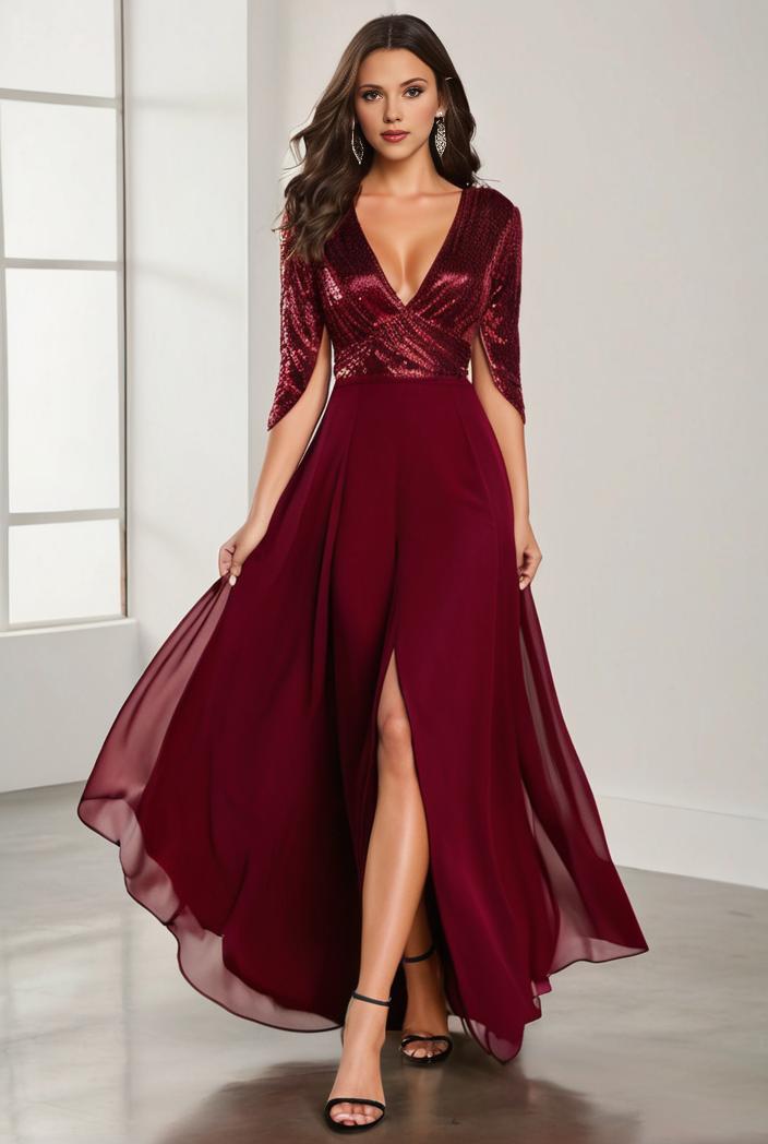 3 4 sleeve sheer sequin stripe high low hem evening dress 124822