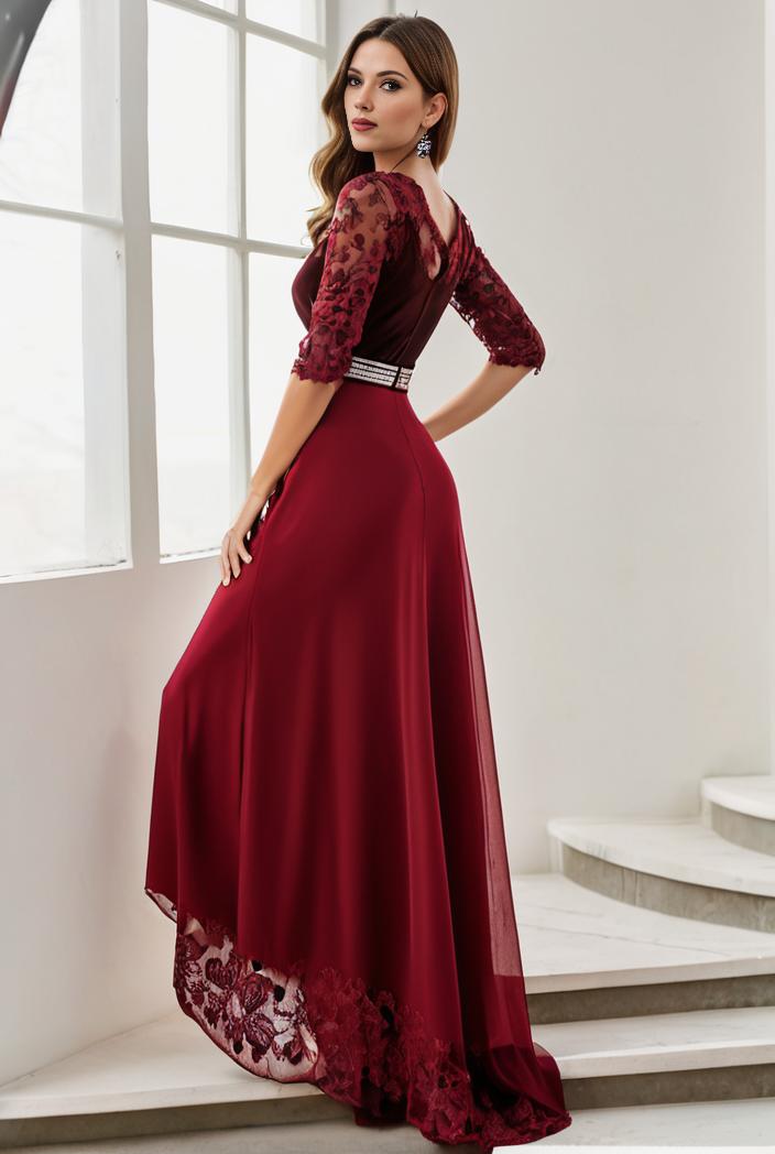 3 4 sleeve sheer sequin stripe high low hem evening dress 124827