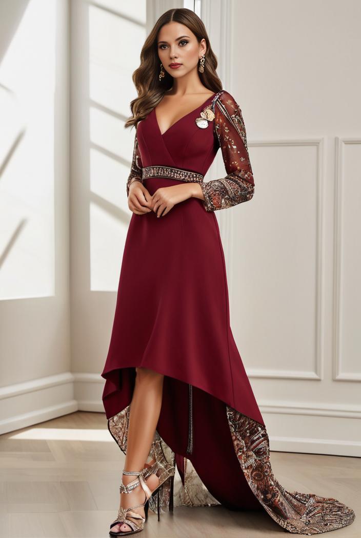 3 4 sleeve sheer sequin stripe high low hem evening dress 124851