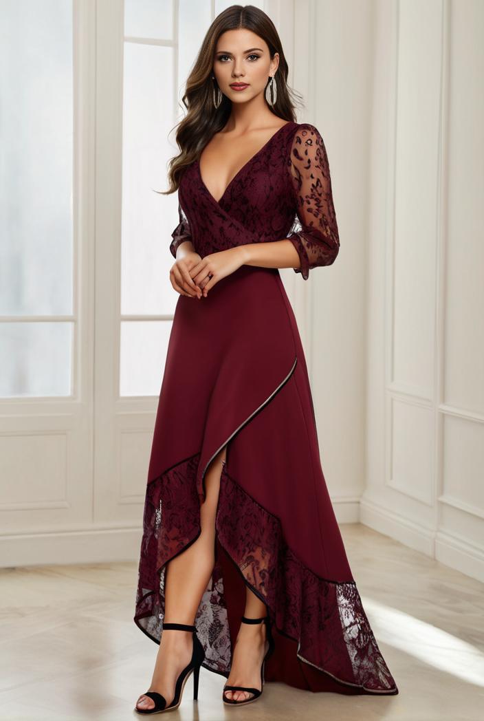 3 4 sleeve sheer sequin stripe high low hem evening dress 124855