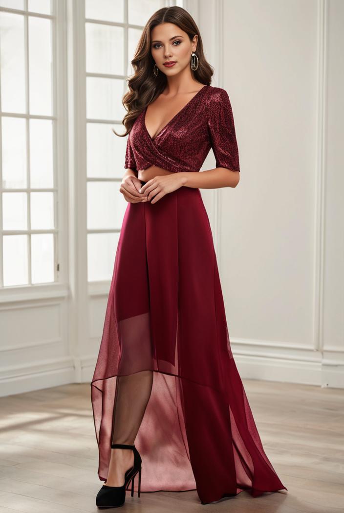 3 4 sleeve sheer sequin stripe high low hem evening dress 124853