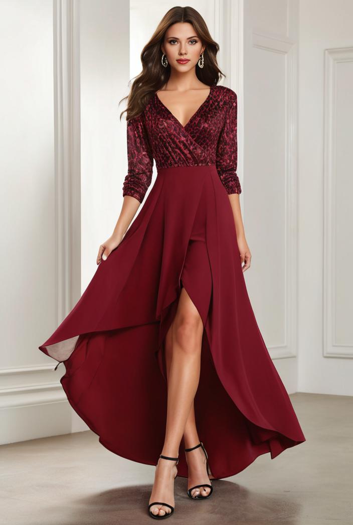 3 4 sleeve sheer sequin stripe high low hem evening dress 124859