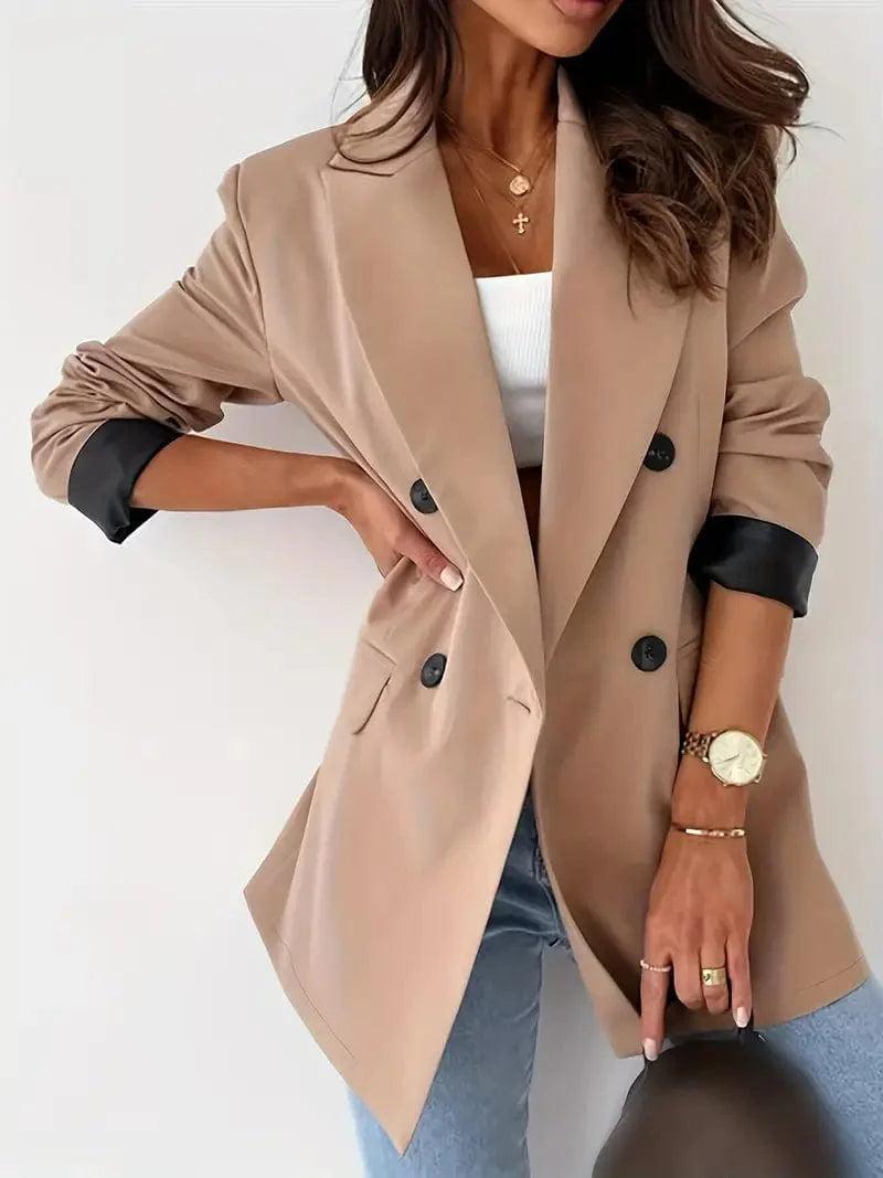 Lapel Blazer with Button Front, Women's Casual Long Sleeve Office Outerwear