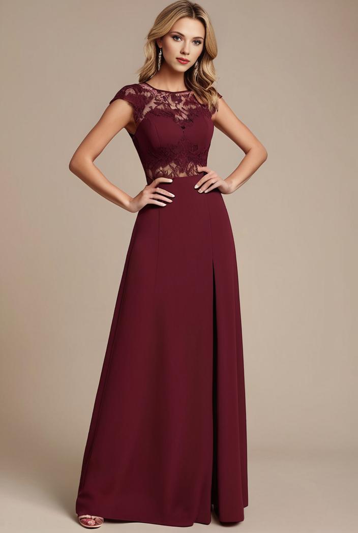 elegant chiffon maxi evening dress with lace cap sleeve 130953