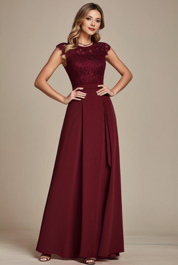 elegant chiffon maxi evening dress with lace cap sleeve 130955