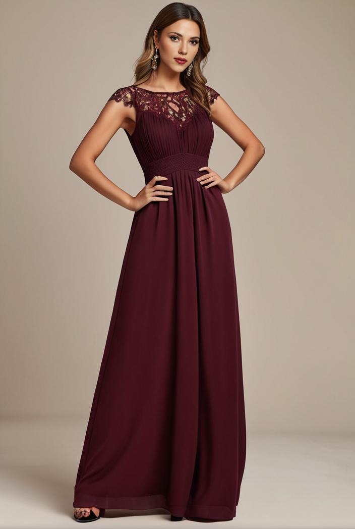 elegant chiffon maxi evening dress with lace cap sleeve 130958