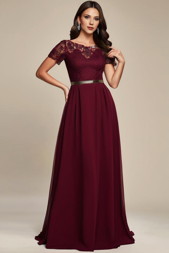 elegant chiffon maxi evening dress with lace cap sleeve 130974