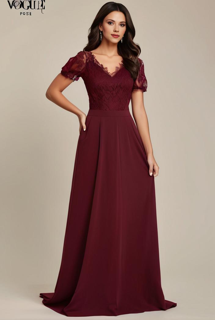 elegant chiffon maxi evening dress with lace cap sleeve 130976