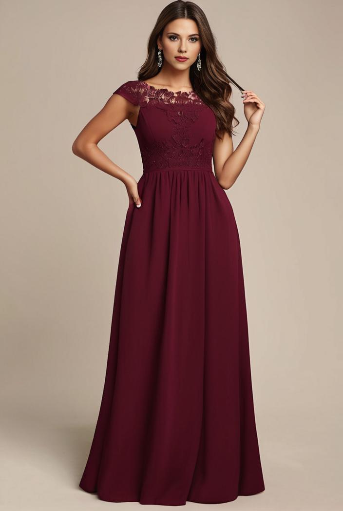 elegant chiffon maxi evening dress with lace cap sleeve 130977