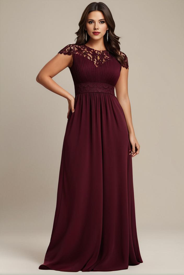 elegant chiffon maxi evening dress with lace cap sleeve 130980