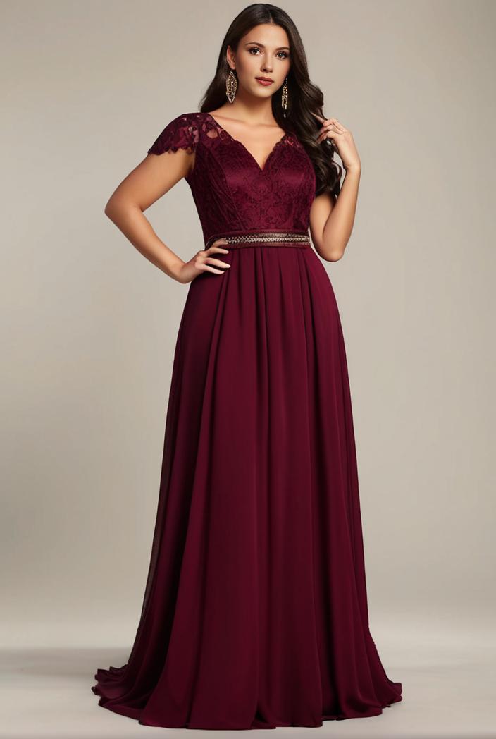 elegant chiffon maxi evening dress with lace cap sleeve 130981