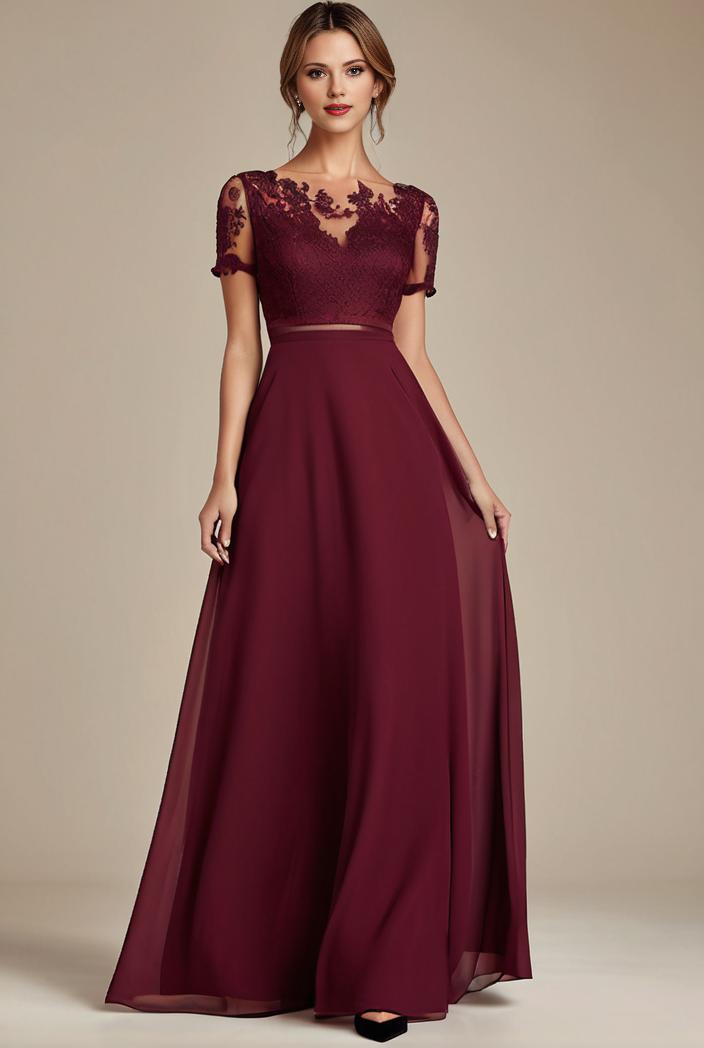 elegant chiffon maxi evening dress with lace cap sleeve 130982
