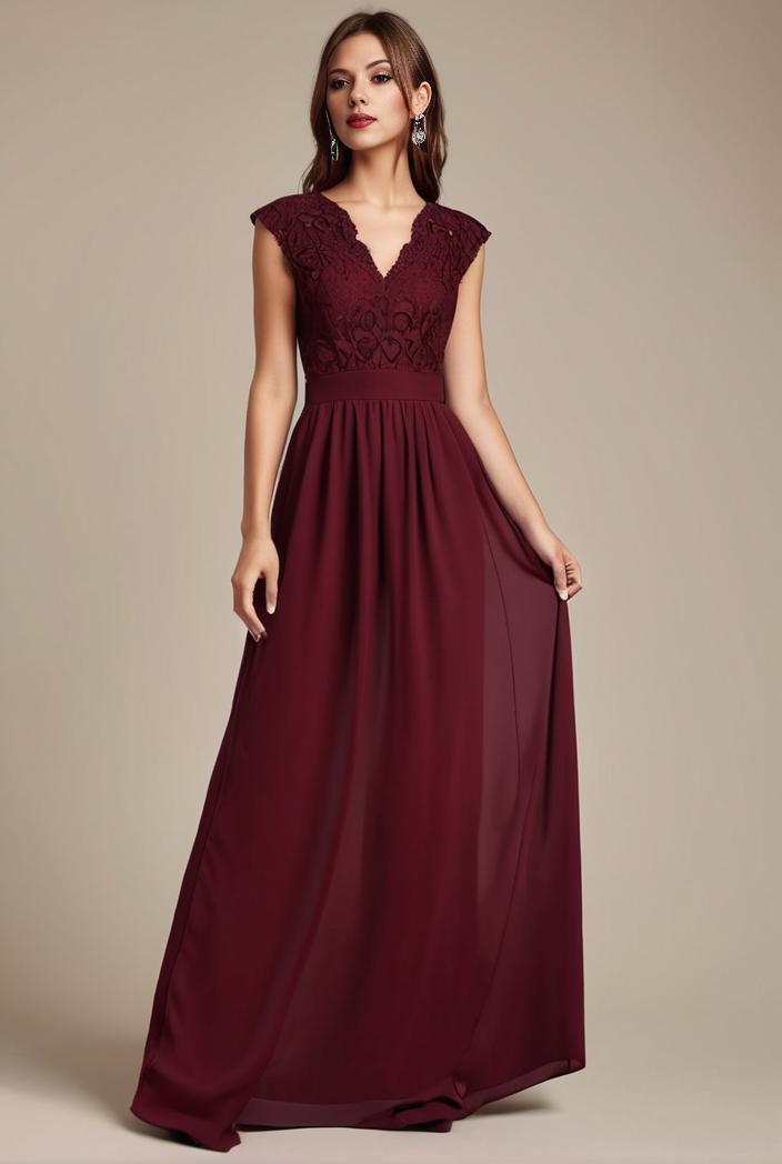elegant chiffon maxi evening dress with lace cap sleeve 130987