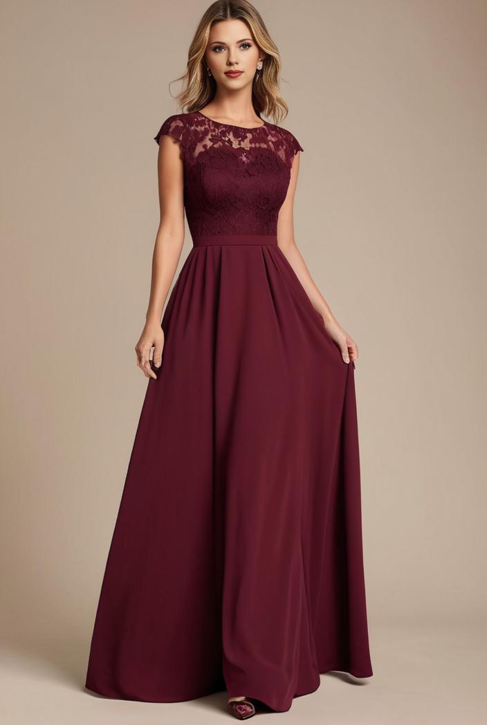 elegant chiffon maxi evening dress with lace cap sleeve 130986