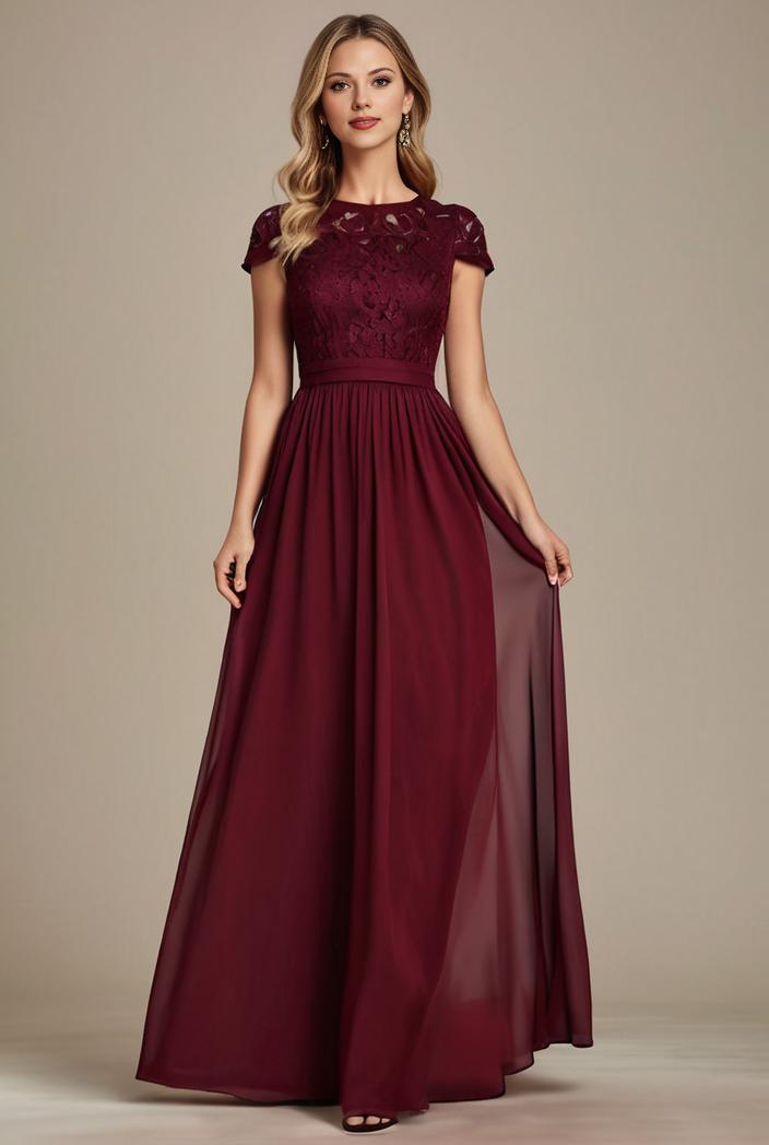 elegant chiffon maxi evening dress with lace cap sleeve 130985