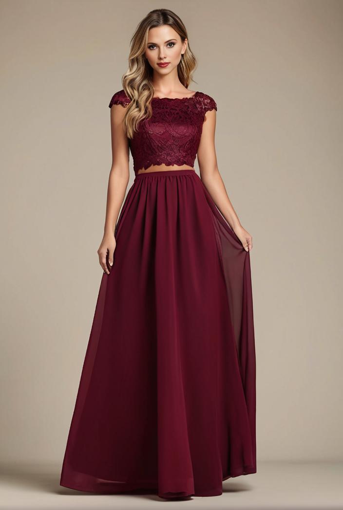 elegant chiffon maxi evening dress with lace cap sleeve 130990