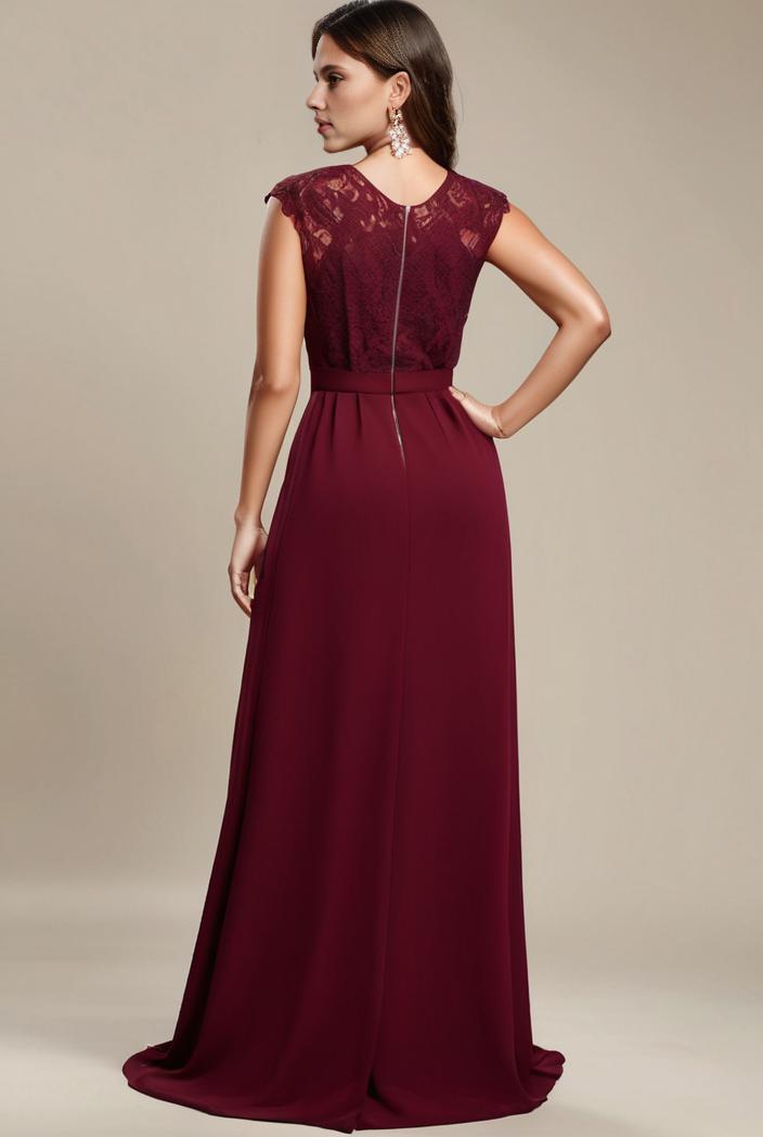elegant chiffon maxi evening dress with lace cap sleeve 130989
