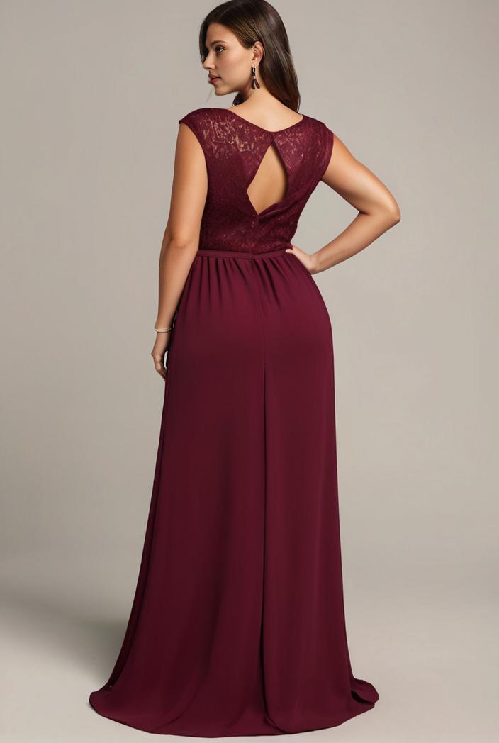 elegant chiffon maxi evening dress with lace cap sleeve 130994