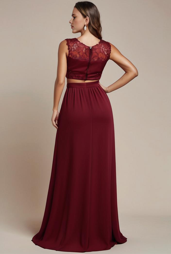 elegant chiffon maxi evening dress with lace cap sleeve 130992
