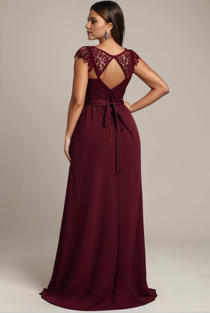 elegant chiffon maxi evening dress with lace cap sleeve 130999