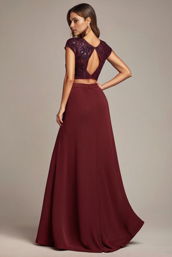 elegant chiffon maxi evening dress with lace cap sleeve 131007