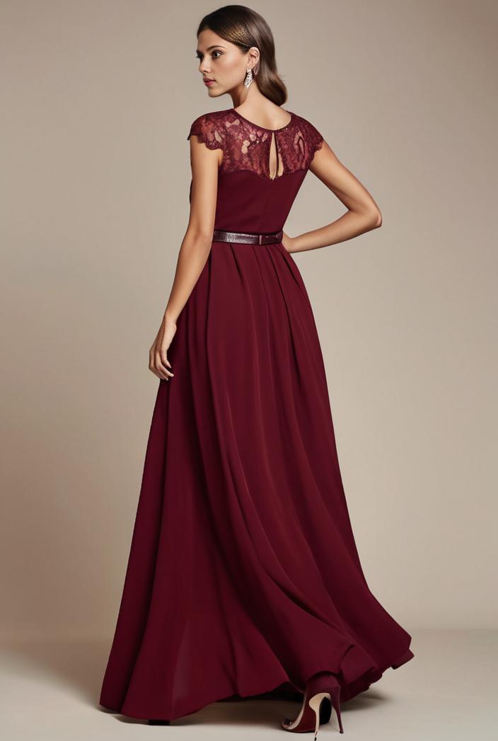 elegant chiffon maxi evening dress with lace cap sleeve 131010