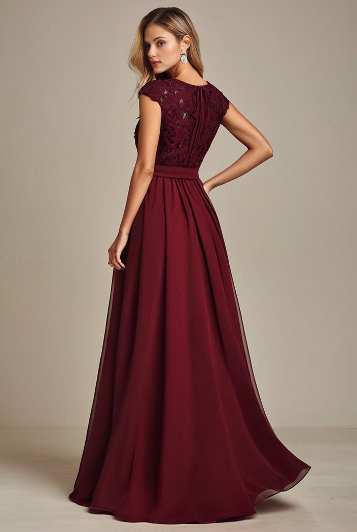elegant chiffon maxi evening dress with lace cap sleeve 131011
