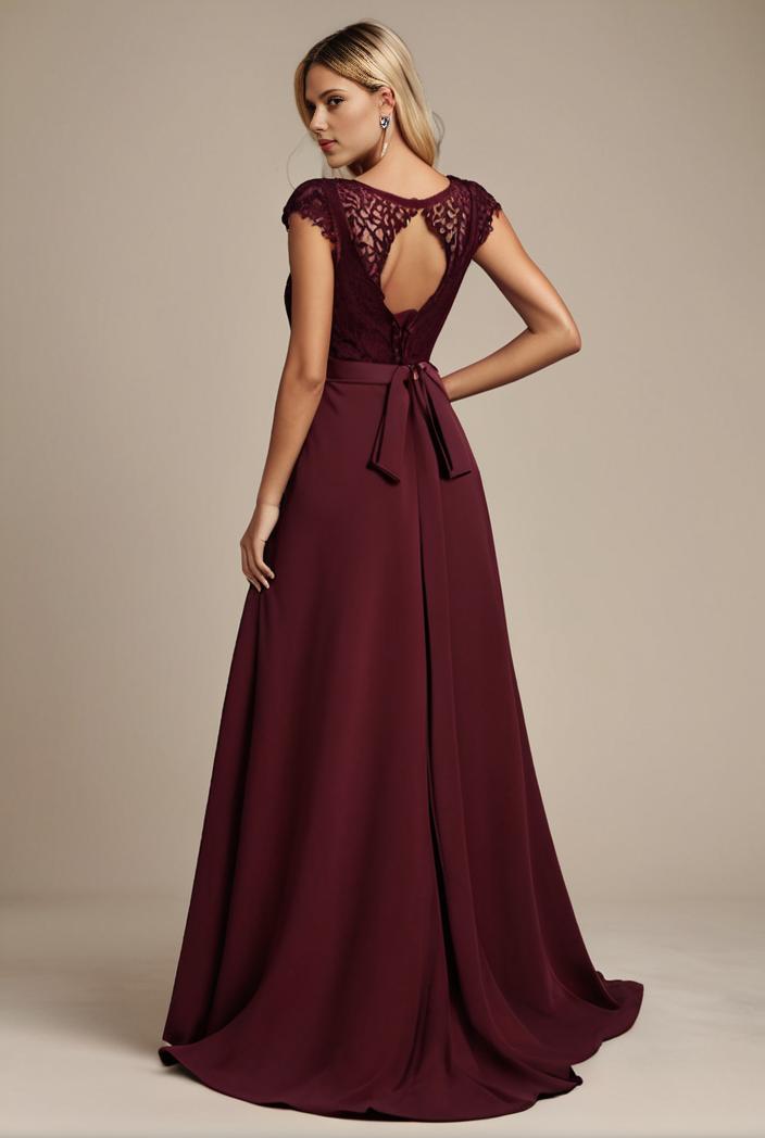 elegant chiffon maxi evening dress with lace cap sleeve 131012