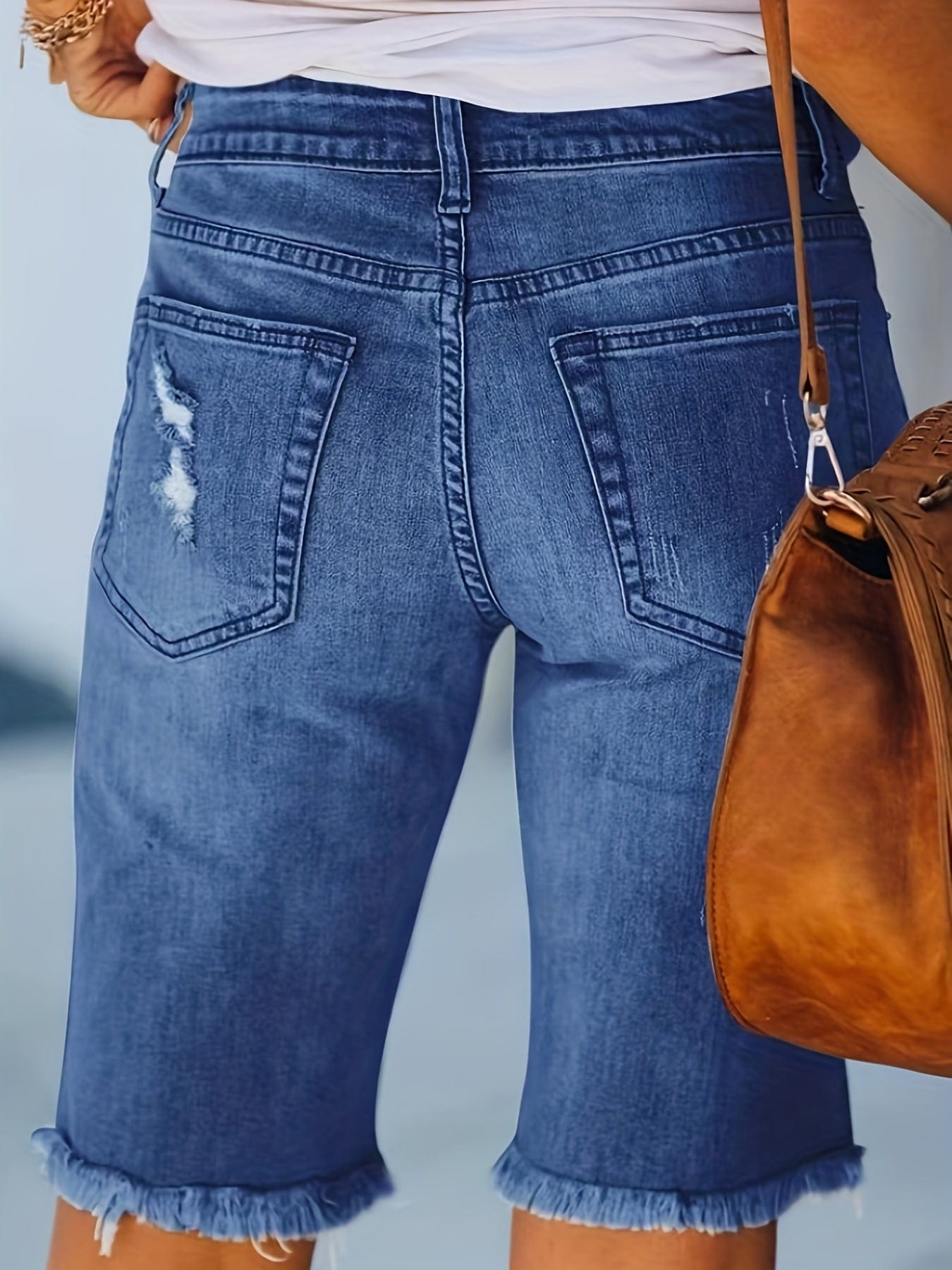 Stylish Mid-Stretch Raw Hem Ripped Denim Shorts