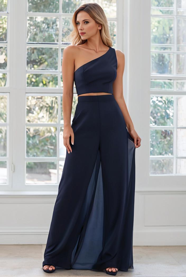flowy chiffon one shoulder with three straps bridesmaid dress 137377